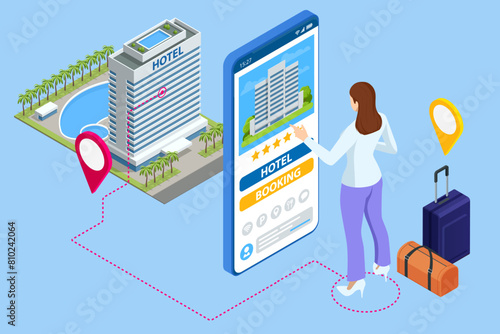 Isometric online hotel booking concept. Young woman holding a smartphone with booking room app on screen. Smartphone maps gps location
