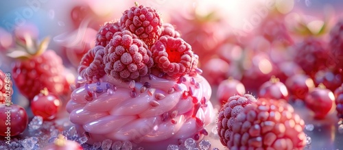 Tempting Macro Shot of a Decadent Raspberry Dessert with Vibrant Tabletop Backdrop