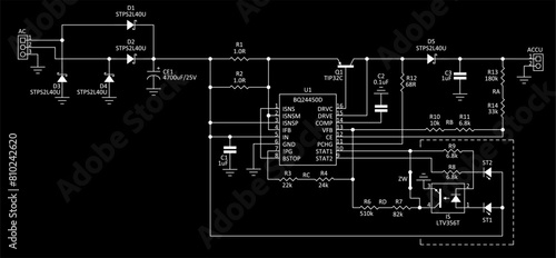 Schematic diagram of electronic device.
Vector drawing electrical circuit with 
integrated circuit, transistor,
resistor, capacitor, diode, led, other components 
on background of paper sheet.