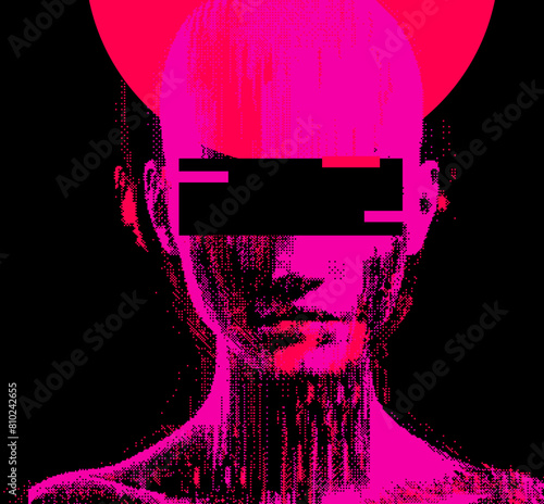 Distorted silhouette of a bald human head. Conceptual image of facial recognition and anonymity systems. Cyberpunk pixel art style vector illustration.