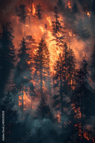 Intense wildfire engulfing a dense forest with flames and smoke rising high