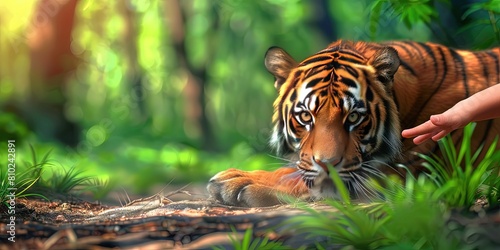 orange bengal tiger in bright green jungle with copy space photo