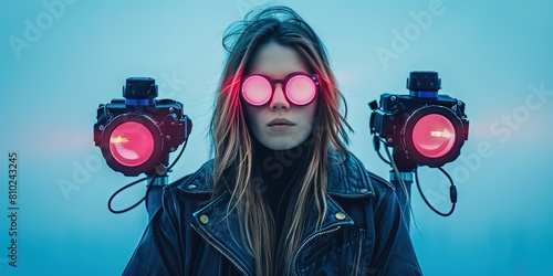woman with glowing pink sunglasses and pink spotlights on her shoulders. sky blue background and denim jacket photo