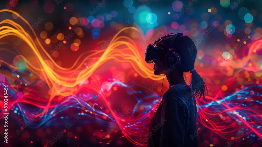 Person wearing a headset with vibrant sound waves emanating and wrapping around them, colorful abstract patterns in the background Person wearing a headset with vibrant sound waves emanating and wrapping around them, colorful abstract patterns in the background