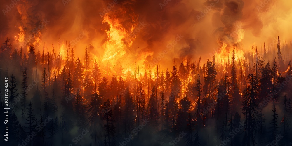 Fierce wildfire consuming a vast forest under a dramatic, smoky sky Fierce wildfire consuming a vast forest under a dramatic, smoky sky