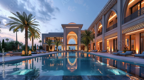 Luxurious Twilight Retreat: Palatial Poolside View with Majestic Archways photo