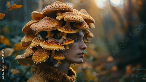Surreal portrait of a person with mushrooms growing organically from their head and shoulders photo