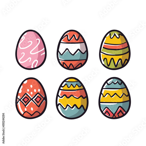 Six decorated Easter eggs colorful patterns isolated white background. Cartoon style Easter eggs festive designs celebration. Handdrawn egg collection doodle art seasonal decoration