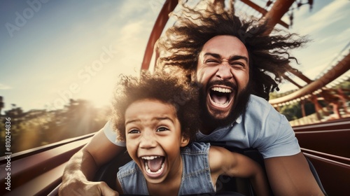 father and son enjoying a rollercoaster ride in an amusement park - amusement park and family fun concept © juancajuarez