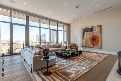 Urban Contemporary Living Room  Neutral tones  sleek furniture  geometric rug  statement wall art  floor-to-ceiling windows