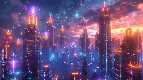 Mesmerizing Neon Lit Futuristic Cityscape Ablaze with Vibrant Lights and Skyscrapers Against a