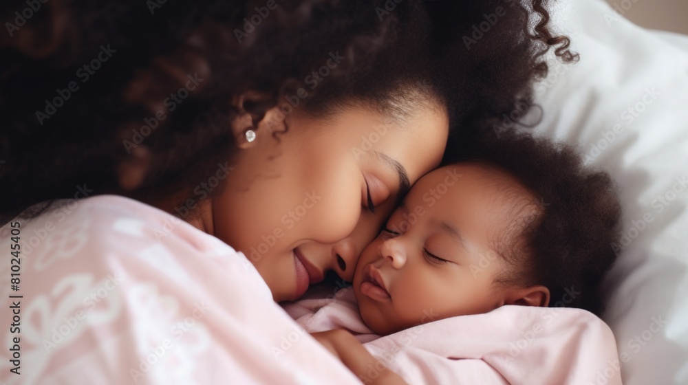 Closeup portrait of young African American girl kiss healthy newborn baby sleep in bed. mothers Day. mom and daughter Closeup portrait of young African American girl kiss healthy newborn baby sleep in bed. mothers Day. mom and daughter