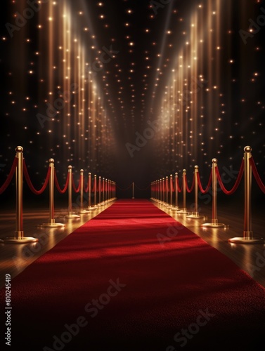 Red carpet in the light of golden spotlights. award and VIP party. velvet carpet. award and victory in cinema or music