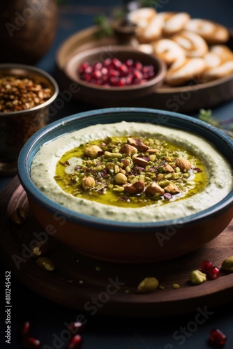 Dukkah, the Egyptian spice blend made with Toasted nuts, pistachios and spices. pomegranate seeds