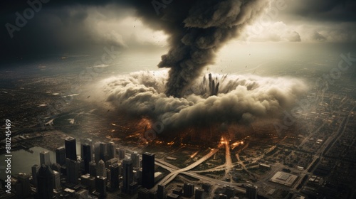 big explosion in the city. panorama of the urban landscape. nuclear explosion, tornado, hurricane. war and destruction photo