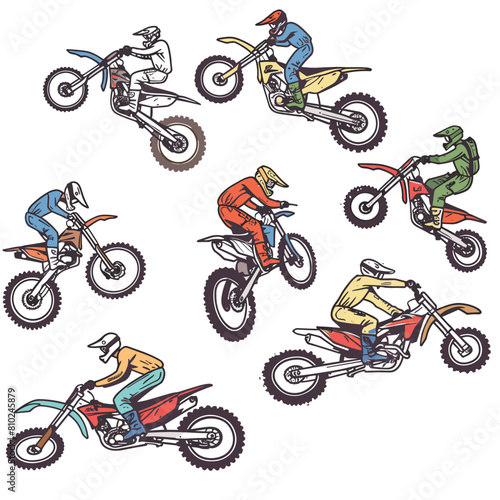 Six motocross riders performing stunts dirt bikes, wearing helmets jumpsuits. Colorful illustration motor sport action, different poses midjump. Motocross race cartoon style, dynamic expressions