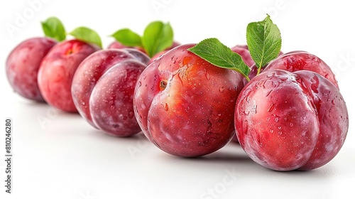A variety of fresh plums with leaves on a white background photo