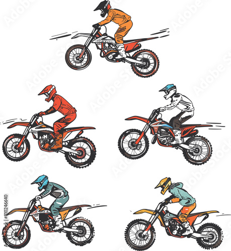 Six motocross riders performing stunts motorcycles, racing, actionpacked sports illustration. Multicolored rider outfits, helmets, dynamic poses, speed lines, motorsport theme, handdrawn style