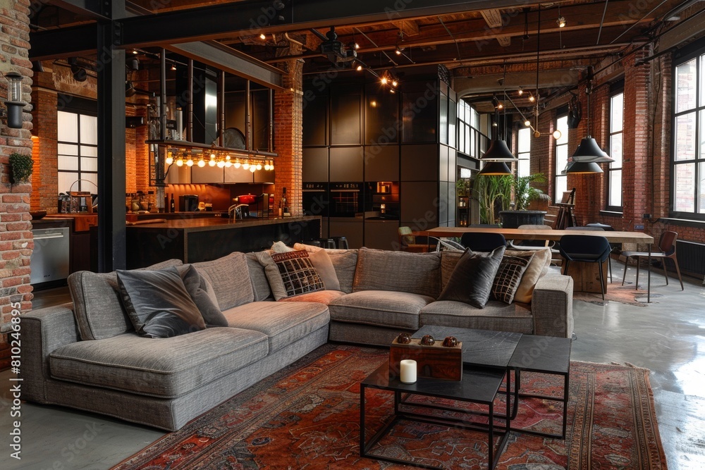 Urban Loft Living Area: Exposed brick walls, industrial-style furnishings, statement lighting, minimalistic decor accents, high ceilings