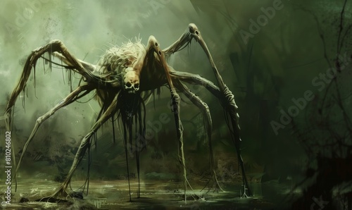 Surreal swamp creature with skulls emerging from the misty landscape