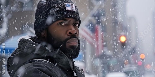 black male in his 30s mailman dressed in all black delivering parcels in the snow