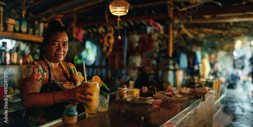 A wide horizontal image of a female samoan bartender as she makes a delicious mixed fruity drink at a tropical Hawaiian tiki bar - Polynesian themed decor in the background - Hawaii bartender portrait