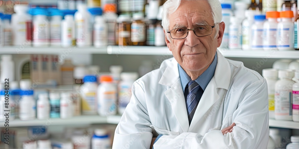 photo of pharmacist standing in the pharmacy with medicine on shelves