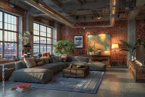 Urban Loft Mockup  A loft-style apartment with exposed brick walls  concrete floors  and industrial-inspired furnishings