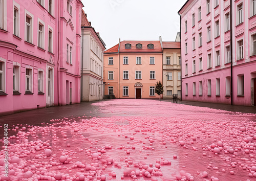A street scene with a pink building in the background. The street is wet and there are people walking around