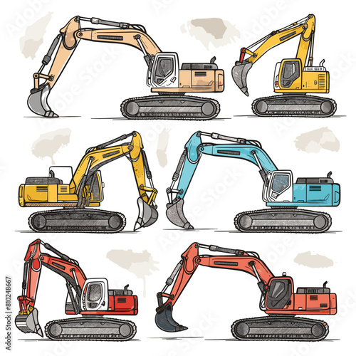 Six different colored excavators illustrate construction equipment diversity. Handdrawn style presents machinery beige, yellow, blue, red. Industrial vehicles designed digging showcase tracks