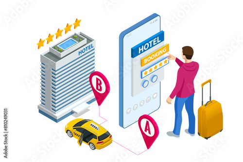 Expensive hotel entrance. Isometric online hotel booking concept. Man holding a smartphone with booking room app on screen. Smartphone maps gps location, Taxi car.