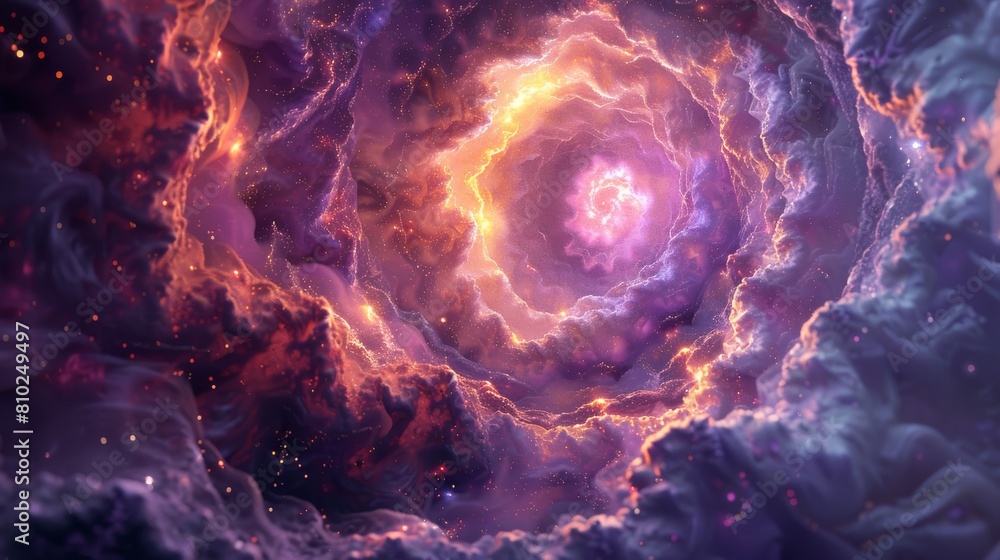 3D Galactic Morphogenesis, Spirals, helices, toruses, Rotational symmetry, Worm's eye view, Ethereal glow of nebulae, Luminous and iridescent, Galactic spectrum, Cosmic voids