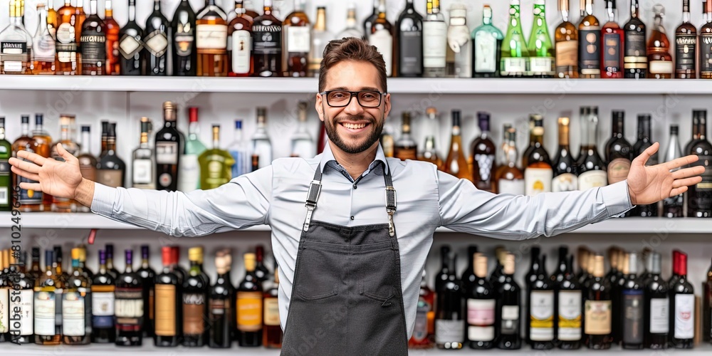 photo of friendly male bartender with outstretched arms welcoming bar patrons