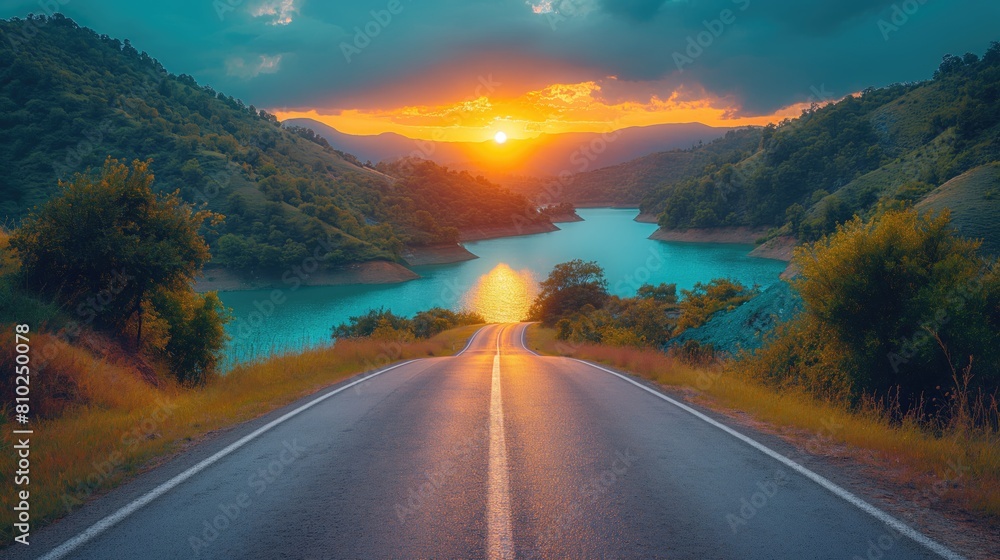 A beautiful road leading to the horizon towards mountains and lakes ...