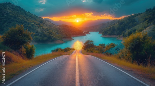 A beautiful road leading to the horizon towards mountains and lakes with a sunset sky. Created with Generative AI.