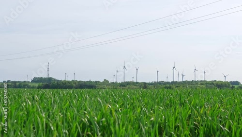 Rural Landscape with Green Grass Field Meadow with Wind Tubine Farm of Generatic Clean Energy Visible on the Horizon photo