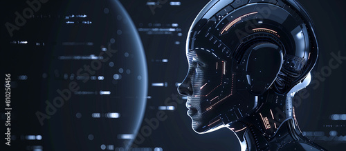 Futuristic portrait of a self-conscious AGI (Artificial General Intelligence) machine, showcasing superior learning and high-speed data processing capabilities, set against a dynamic digital backdrop