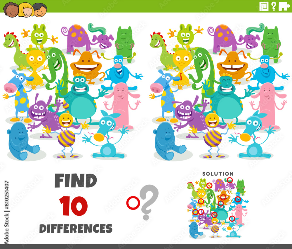 differences game with cartoon monsters characters group