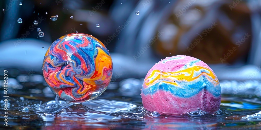 Vivid bath bomb dissolving with energetic splashes in water, producing ...