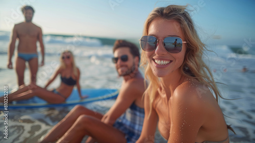 A group of young male and female friends enjoying the beach and surfing on vacation
