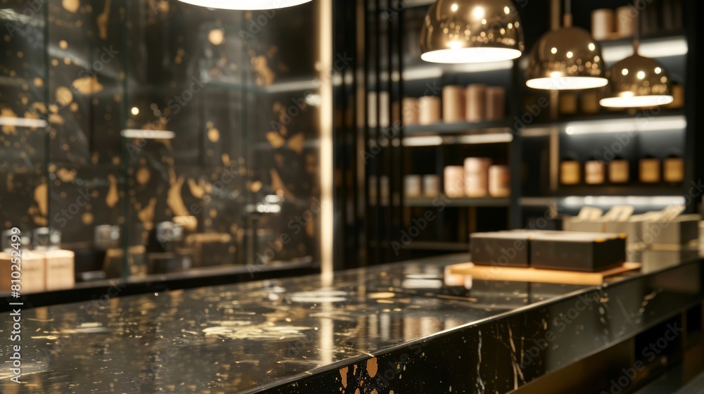 Elegant retail space featuring sparkling black marble counter under soft lighting. Atmosphere of high-end boutique. Concept of luxury goods, sophisticated shopping experience, and premium store design Elegant retail space featuring sparkling black marble counter under soft lighting. Atmosphere of high-end boutique. Concept of luxury goods, sophisticated shopping experience, and premium store design