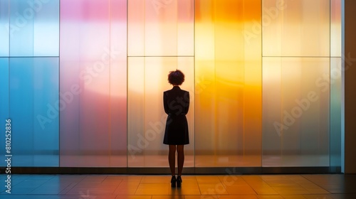 African American woman gazing at a vibrant, colored glass wall. Businesswoman contemplating in an office lobby. Concept of contemplation, reflection, modern architecture, and corporate setting.