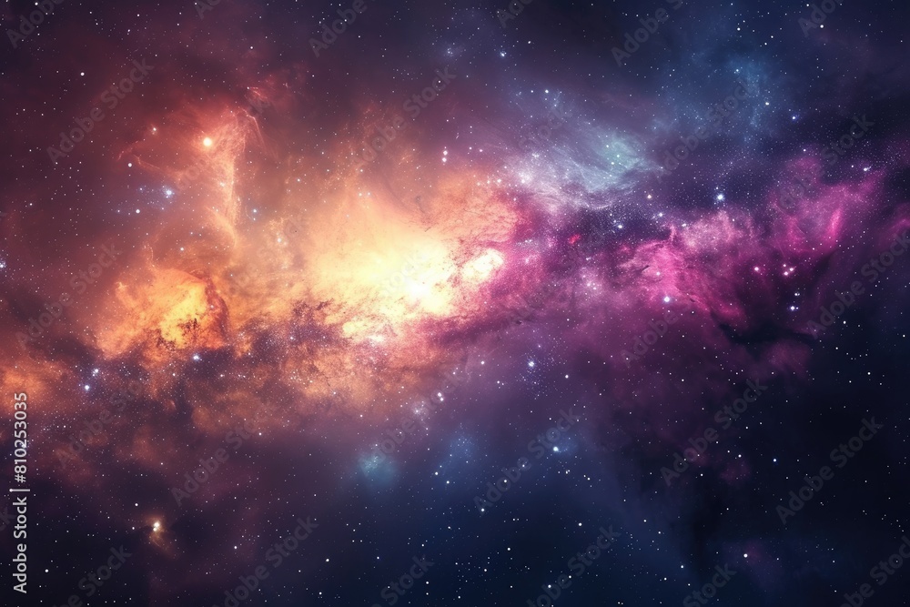 Cosmic landscape. Spiral galaxy amidst nebula. Illustration of a background with a majestic space theme.