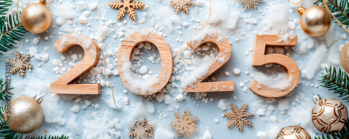 christmas snow covered background with new year numbers "2025"