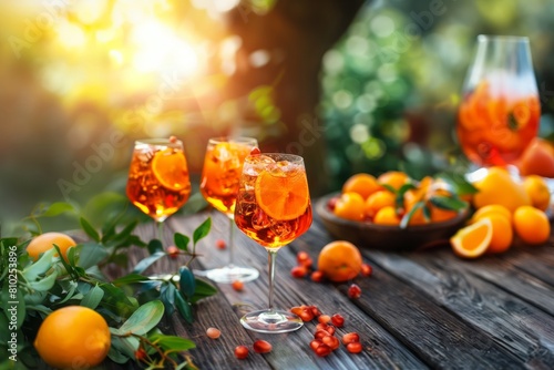 Refreshing Aperol Spritz cocktails on a sunny garden table, surrounded by vibrant flowers and fresh oranges