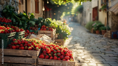 Fresh and ripe strawberries on fruit market. Seasonal diet concept