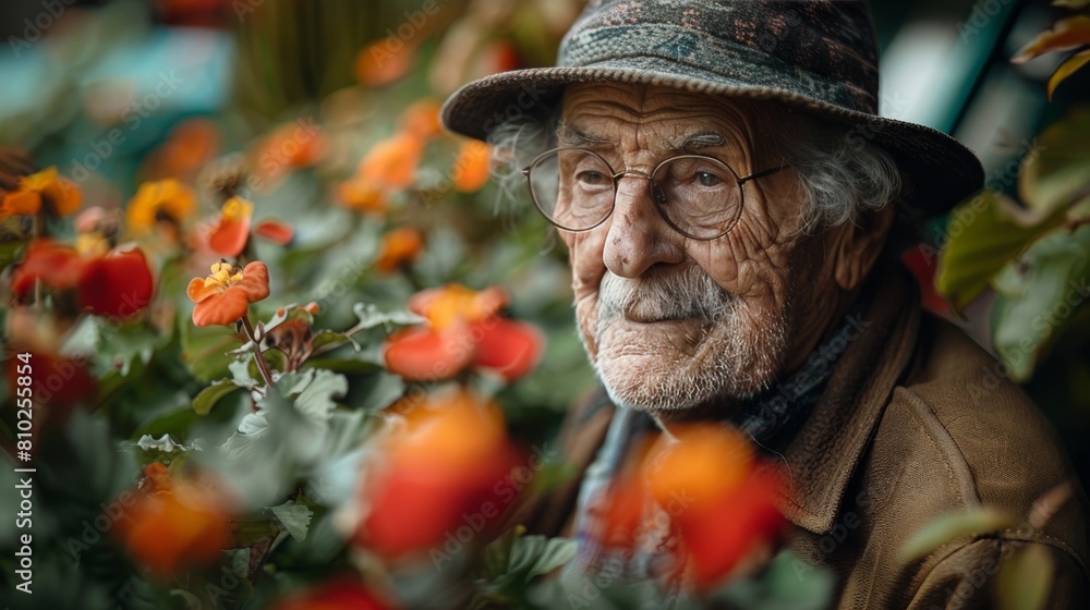 A happy elderly person enjoying being in their garden working with their plants. A happy elderly person enjoying being in their garden working with their plants.