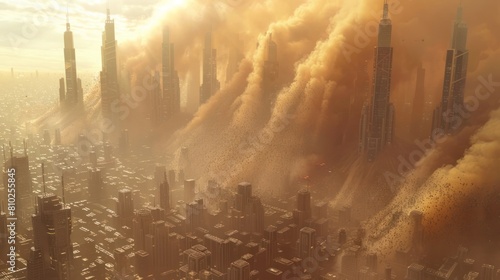 Towering Skyscrapers Amid Cataclysmic Dust Storm in Futuristic Cityscape photo