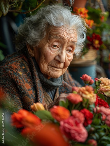 A happy elderly person enjoying being in their garden working with their plants. 