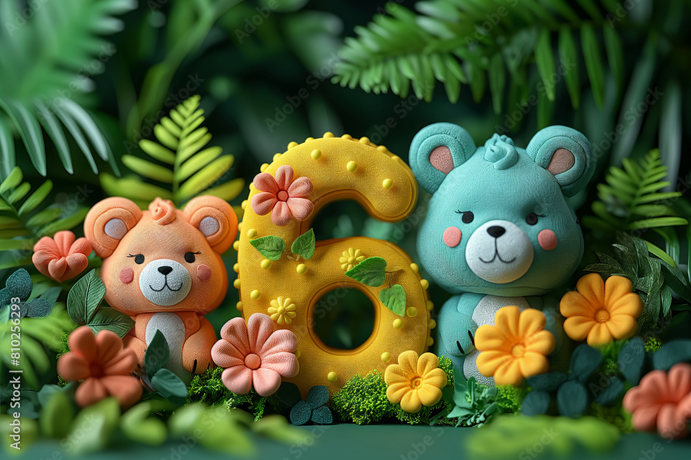 In the foreground is the number without decorations, behind the number is a cute animal style of Cartoon. Generative AI In the foreground is the number without decorations, behind the number is a cute animal style of Cartoon. Generative AI